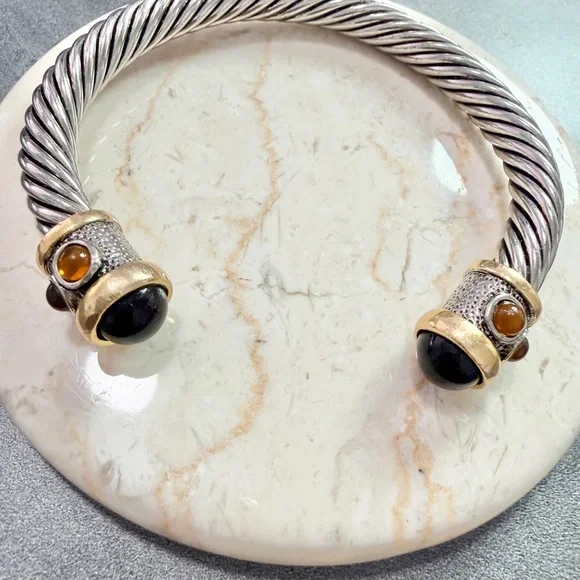 Vintage Two Tone Sliver/Gold Twisted Cable Bangle Cuff Bracelet With Cabochons - Picture 3 of 6